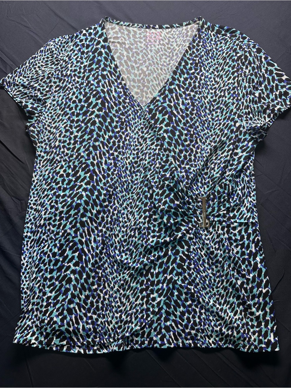 212 Collection Black, Blue & Teal Printed V-Neck Wrap Top